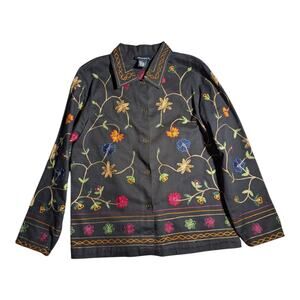 Vtg 1990s Denim & Co Black Colorful Floral Embroidered Cotton Button Up Jacket M